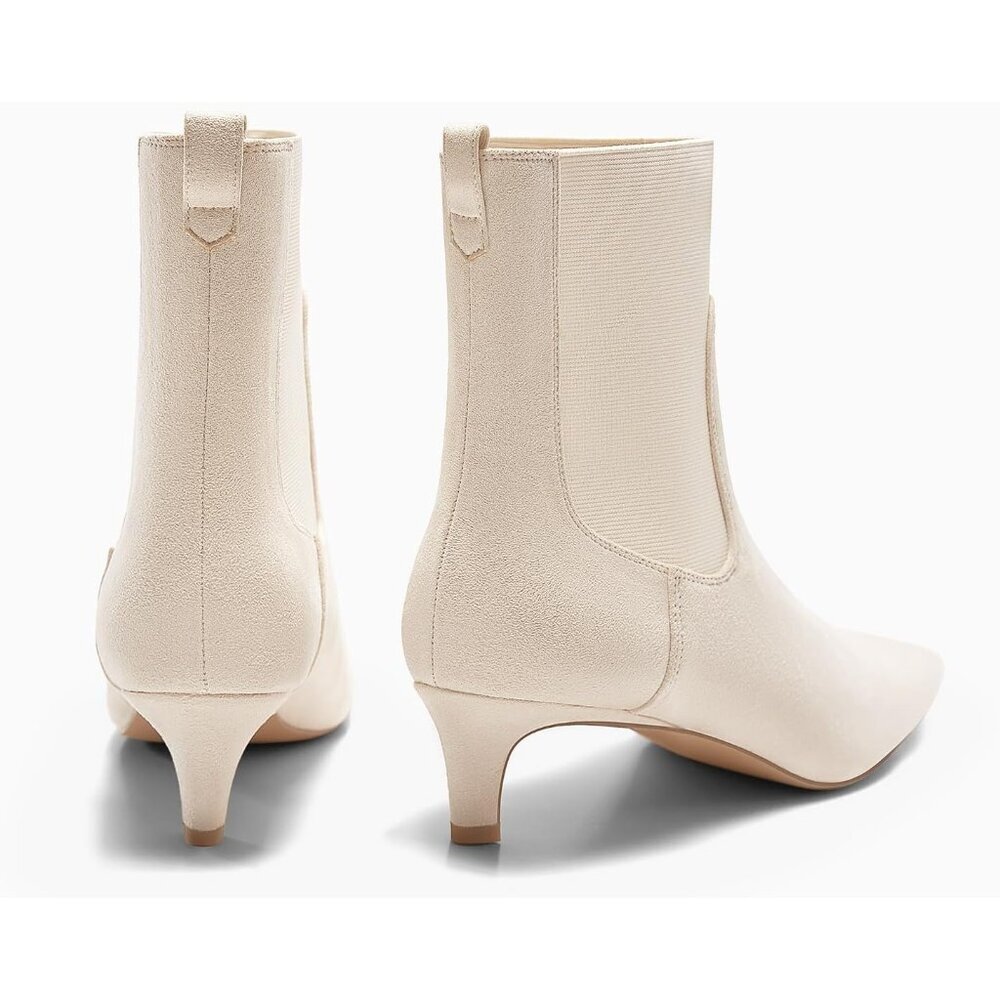 Women's Beige Ankle Low Kitten Heel Pointed Toe Slip On Dressy Winter Booties - Picture 5 of 6